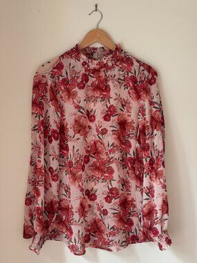 Torrid Floral Blouse Smocked Mock Neck Sheer Long Sleeve Romantic Top